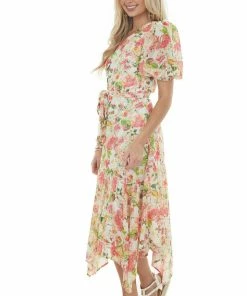 Flying Tomato Ivory Floral Print One Shoulder Midi Dress