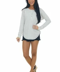 143 Story Cloud Thermal Knit Henley Long Sleeve Top Tops