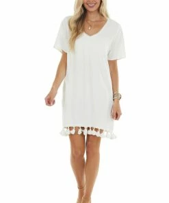 BiBi Dresses Off White V Neck Mini Dress With Short Sleeves