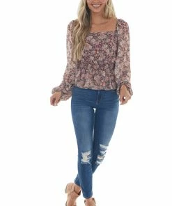 Peach Love Cinnamon Floral Square Neck Smocked Peplum Top Tops