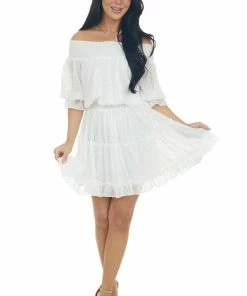 Bluivy Ivory Off The Shoulder Swiss Dot Short Dress