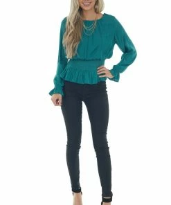 She + Sky Juniper Smocked Waist Bubble Sleeve Peplum Top Tops