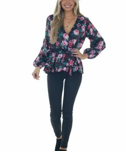 Peach Love Black Floral Print Satin Surplice Top With Tie
