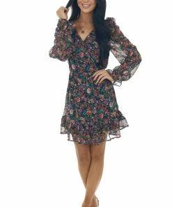 Peach Love Black Floral Print Surplice Woven Mini Dress Dresses