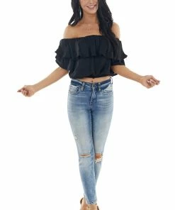 She + Sky Black Off The Shoulder Short Sleeve Overlaying Crop Top Tops
