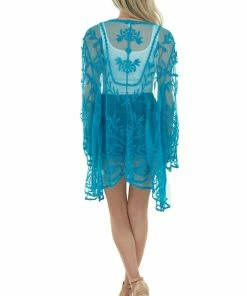 Davi & Dani Tops Rich Azure Crochet Lace Open Front Kimono