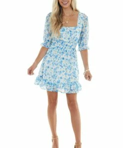 Peach Love Ivory And Cornflower Floral Print Mini Dress Dresses