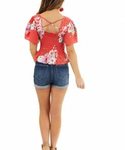 Davi & Dani Tops Tomato Red Floral Print Smocked Crop Top With Short Sleeves