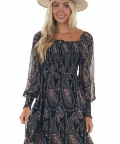 143 Story Black Paisley Print Smocked Woven Short Dress