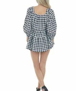 Entro Black And Off White Gingham Print Woven Top