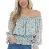 Eesome Tops Arctic Blue Floral Print Smocked Waist Blouse