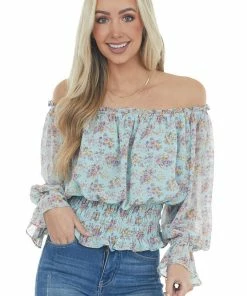 Eesome Tops Arctic Blue Floral Print Smocked Waist Blouse