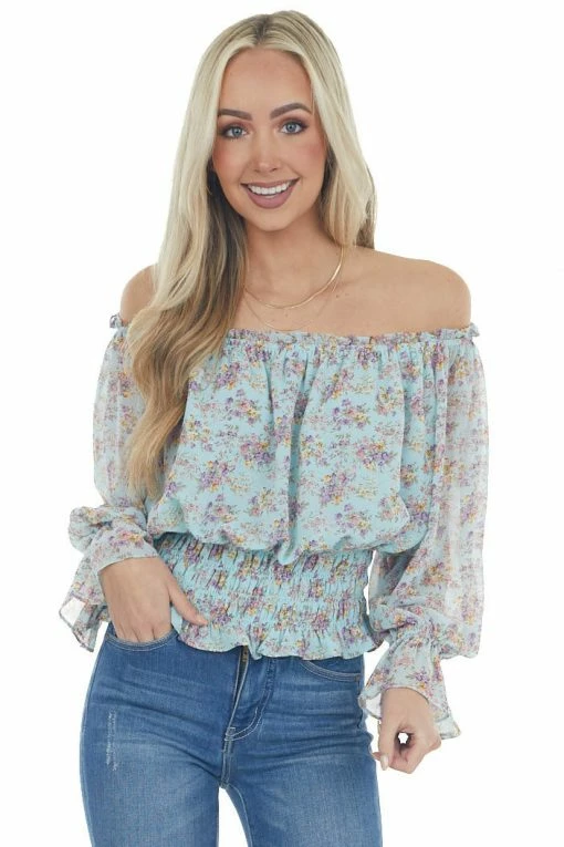 Eesome Tops Arctic Blue Floral Print Smocked Waist Blouse