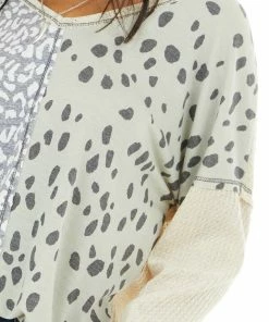 BiBi Tops Sand Waffle Knit Top With Sage Leopard Print Contrast