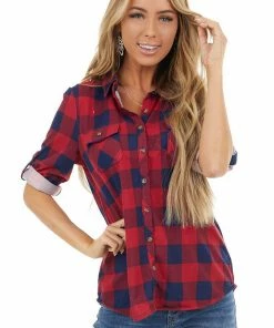 Fashion Cargo Cranberry And Navy Buffalo Plaid Top With Chest Pockets Tops