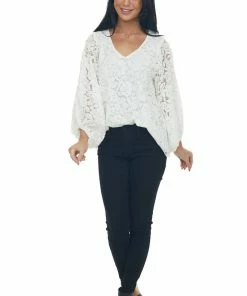 Vine & Love Tops Ivory Floral Lace Long Bubble Sleeve Blouse