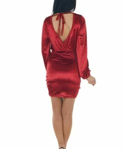 Main Strip Dresses Cherry Velvet Mini Dress With Surplice Back And Tie Detail