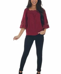 Umgee Maroon Flare Sleeve Lace Trim Blouse
