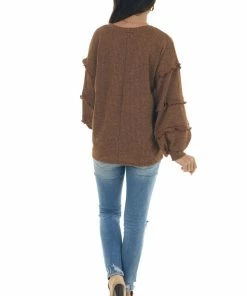 143 Story Tops Sepia Ribbed Knit Top With Ruffle Puff Sleeves