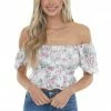 Peach Love Tops Off White Floral Print Short Puff Sleeve Top