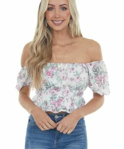 Peach Love Tops Off White Floral Print Short Puff Sleeve Top