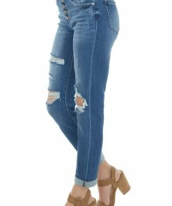 KanCan Bottoms Dark High Rise Distressed Girlfriend Jeans
