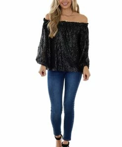 Vine & Love Black Sequined Off The Shoulder Blouse Tops