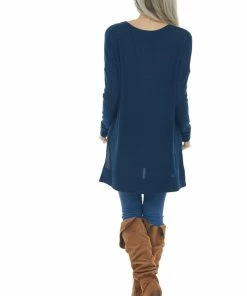 ZENANA Navy Blue Tunic Length Brushed Waffle Knit Top Tops