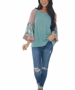 Umgee Teal Colorblock Tiered Sleeve Waffle Knit Top 31 Umgee Teal Colorblock Tiered Sleeve Waffle Knit Top