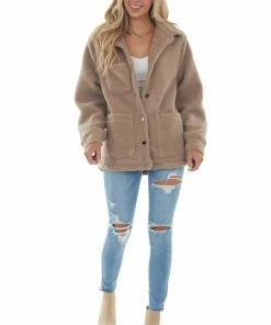 She + Sky Deep Latte Button Up Teddy Jacket With Pockets Outerwear