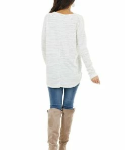 Staccato Dove Grey Stripe Patterned Top With Long Sleeves Tops