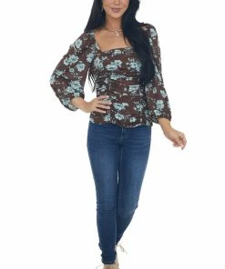 Ces Femme Tops Cocoa And Sky Blue Floral Peasant Sleeve Top