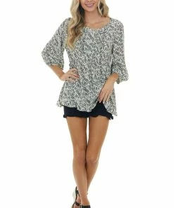 Jodifl Tops Cream And Black Floral Print Drop Waist Button Up Blouse