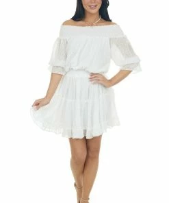 Bluivy Ivory Off The Shoulder Swiss Dot Short Dress
