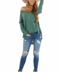 BucketList Tops Forest Green Waffle Knit Long Sleeve Top With Thumb Holes 28 BucketList Tops Forest Green Waffle Knit Long Sleeve Top With Thumb Holes