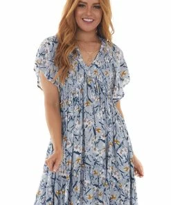 J.NNA Periwinkle Floral Babydoll Smocked Bust Dress