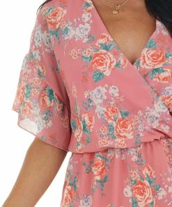 Peach Love Watermelon Floral Print Surplice Neck Romper