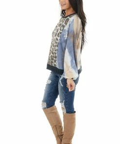 RAE MODE Dusty Blue Tie Dye And Leopard Print Long Sleeve Knit Top Tops