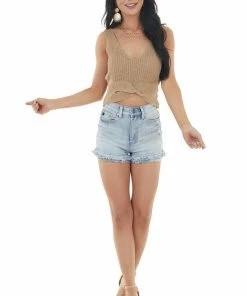 HYFVE Tops Taupe Sleeveless Knit Crop Top With Front Twist Detail 29 HYFVE Tops Taupe Sleeveless Knit Crop Top With Front Twist Detail
