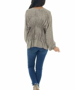 BucketList Taupe Tribal Print Babydoll Bubble Sleeve Top