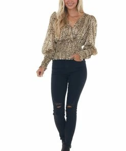 Do + Be Beige Leopard Print Surplice Smocked Blouse 27 Do + Be Beige Leopard Print Surplice Smocked Blouse