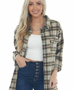 Kori America Beige Plaid Woven Shacket With Chest Pockets