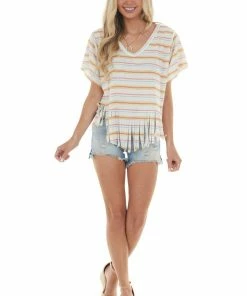 Peach Love Cream Multicolor Striped Fringed Hem Knit Top