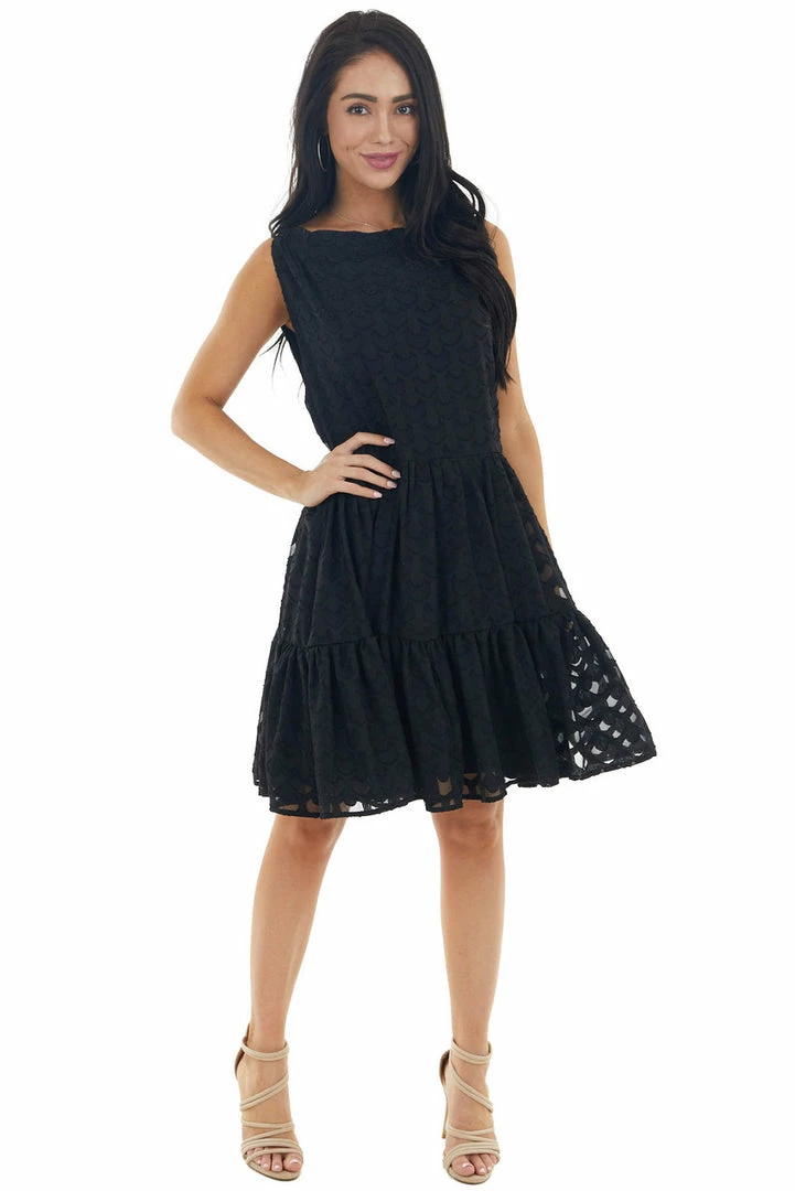 Sweet Lovely Black Jacquard Textured Tiered Dress With Halter Neckline Dresses 12 Sweet Lovely Black Jacquard Textured Tiered Dress With Halter Neckline Dresses