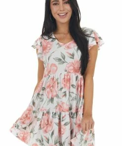 Lovely J Dresses Off White And Punch Floral Print Tiered Ruffle Sleeve Dress