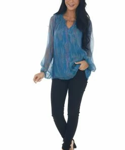 Andree Ocean Pearlescent Sheer Long Sleeve Blouse Tops