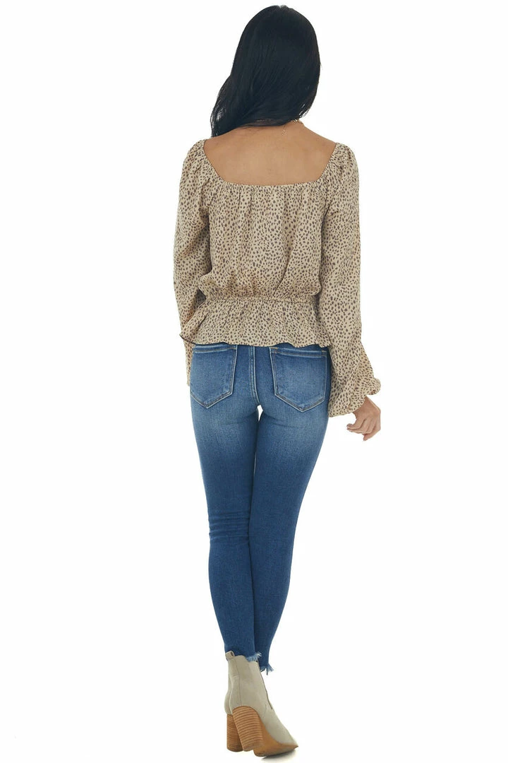 FSL APPAREL Beige Animal Print Ruching Front Peplum Blouse Tops 17 FSL APPAREL Beige Animal Print Ruching Front Peplum Blouse Tops