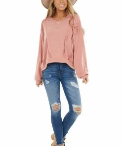 Chrysanthemum Dusty Coral Stretchy Long Sleeve Top With Raw Edge Details