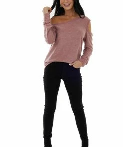 BiBi Tops Marsala Distressed Terry Knit Cold Shoulder Top