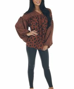 Hailey & Co Tops Cinnamon Leopard Print Babydoll V Neck Blouse